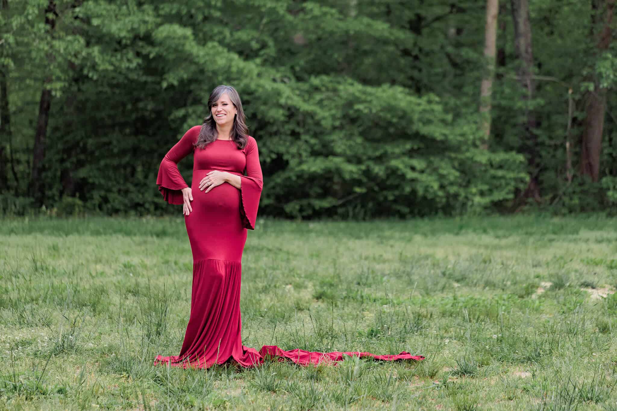A blog article about Northern Virginia yoga featuring a pregnant woman posing in a red dress.