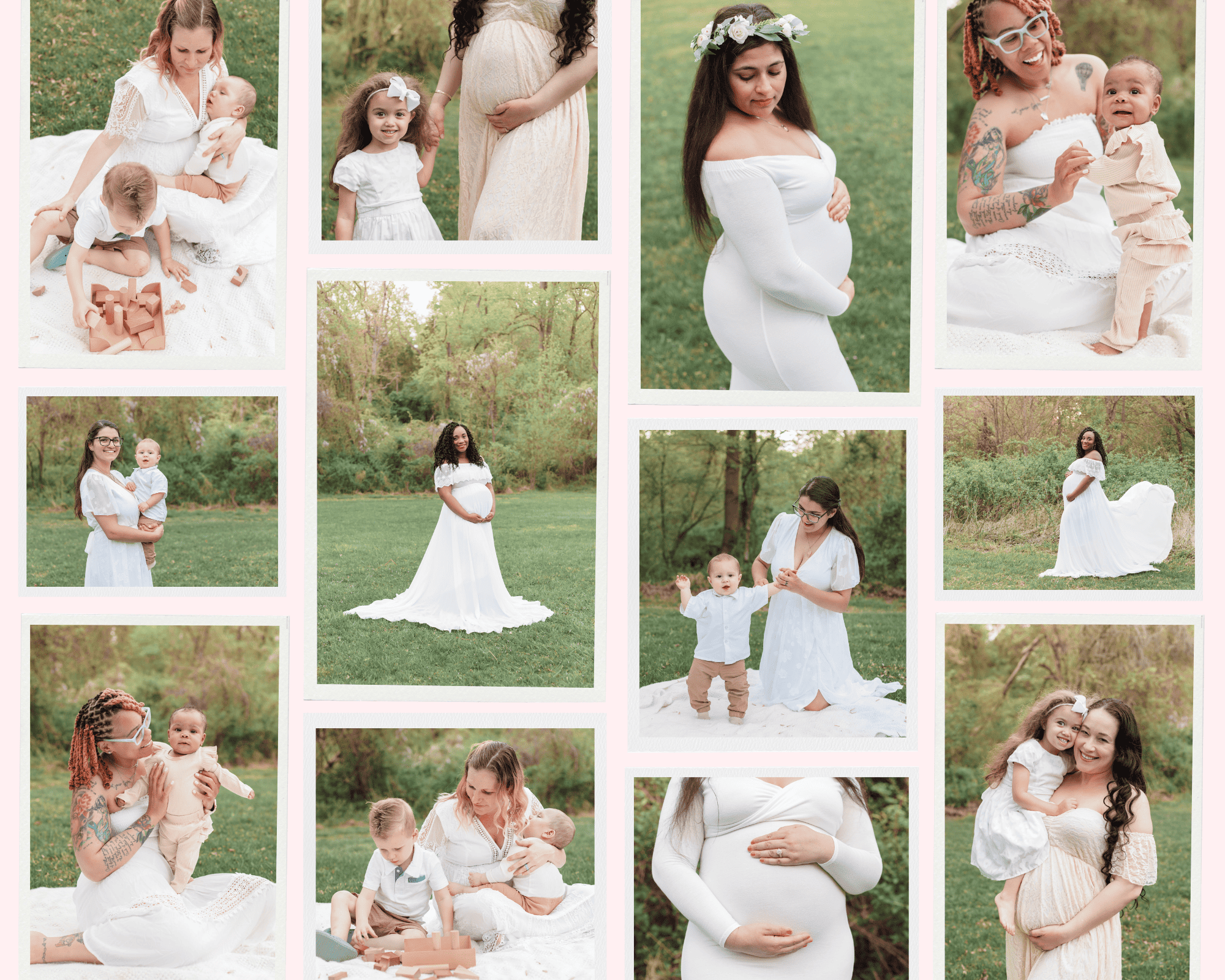 A collage of twelve photos of moms and their pregnant bellies or their babies.