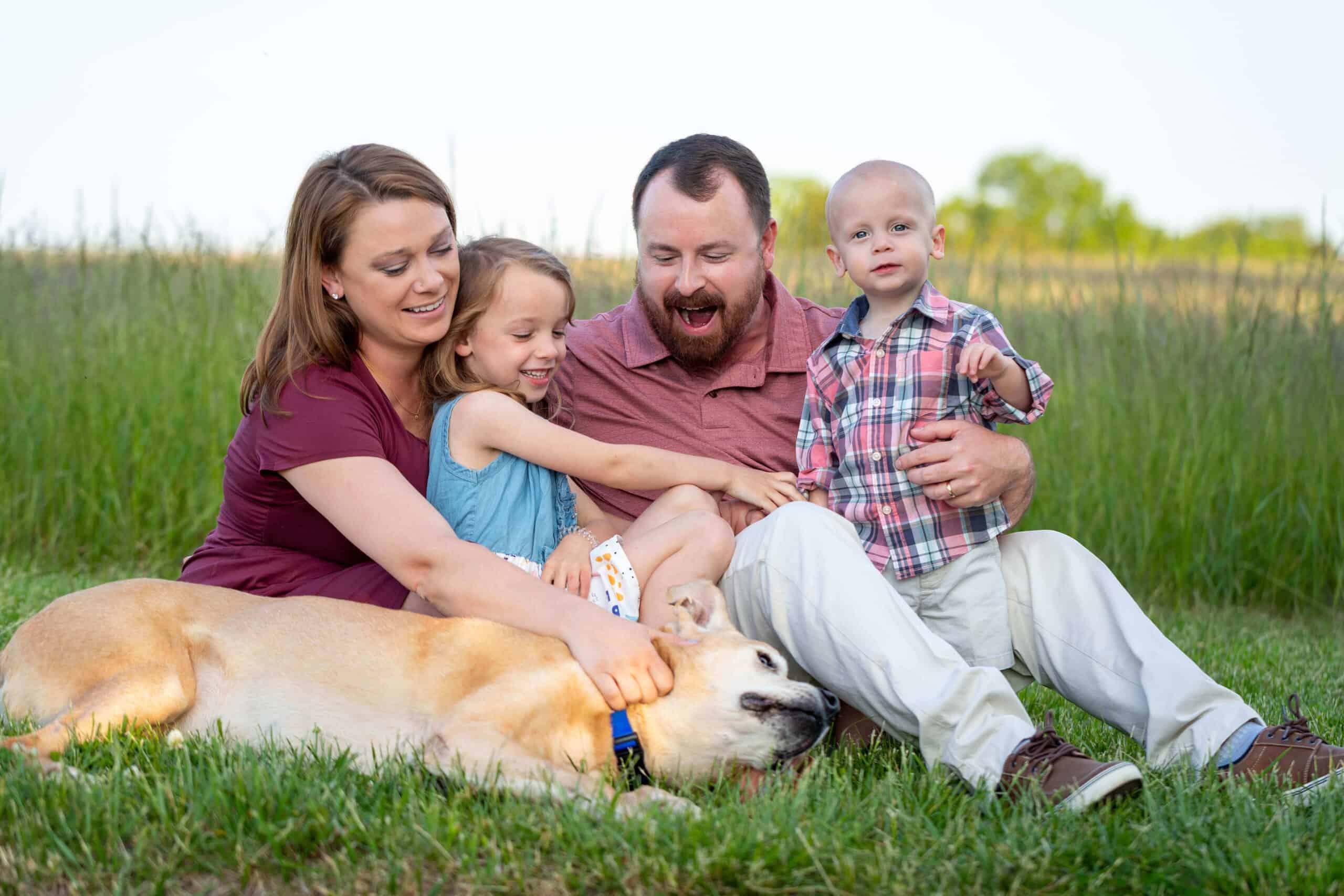 A family of four snuggling in a field of grass, featured on a blog about Robcyns Alexandria.