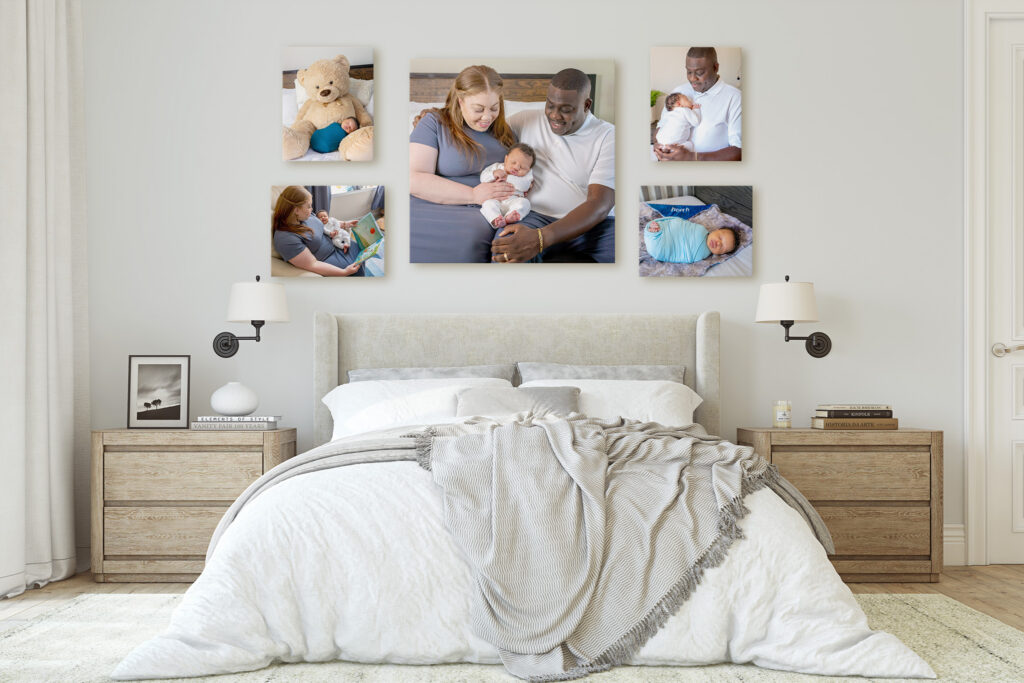 Wall gallery mockup of newborn and family photos displayed above a bed, showing how session images can become wall art